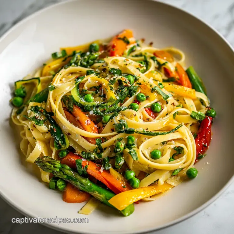 Perfectly twirled pasta primavera on a white plate, accented with fresh herbs and a drizzle of olive oil. Lightly steamed ...