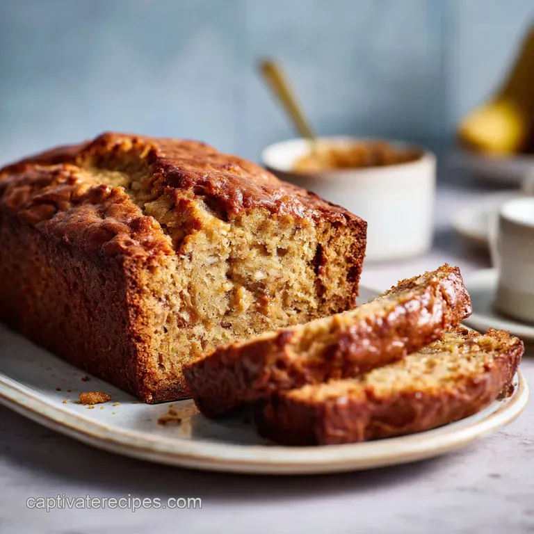 A thick slice of peanut butter banana bread, glistening with butter, alongside ripe banana slices on a white plate.