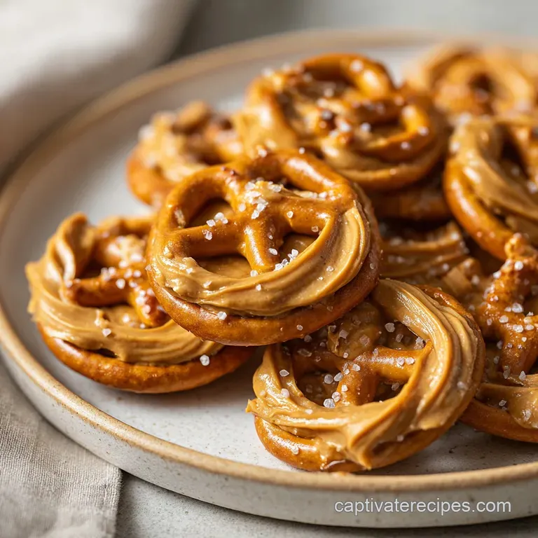 Stacked peanut butter pretzels drizzled with dark chocolate on a small plate, tempting and ready to eat.