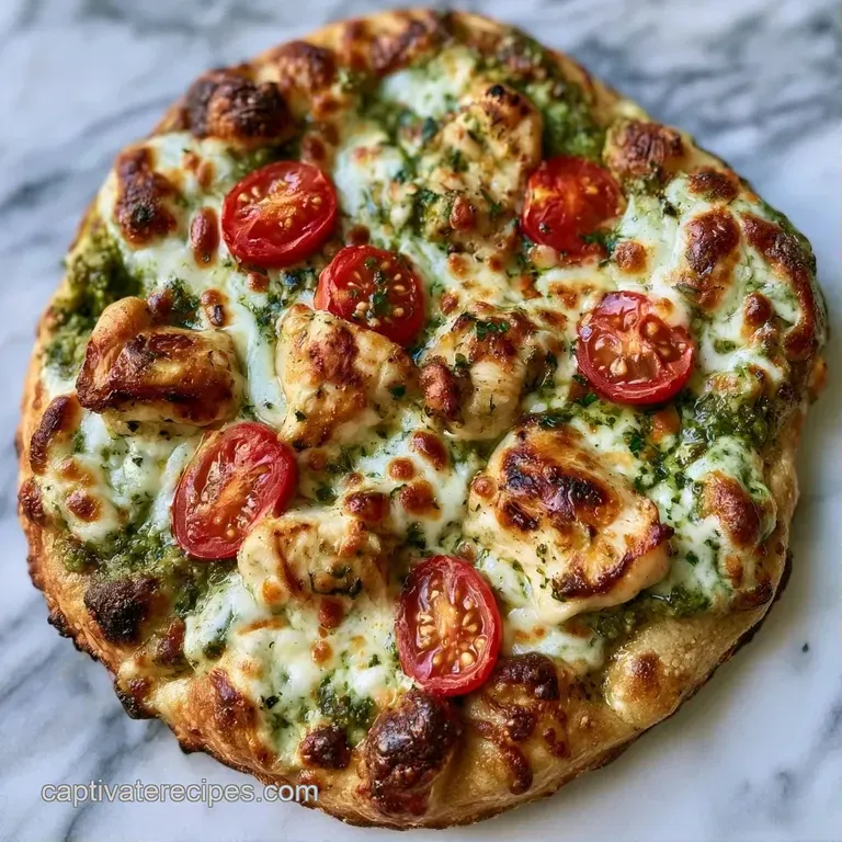 Sliced toasted flatbread on a rustic wooden board with melted cheese, green pesto, and bright cherry tomatoes.