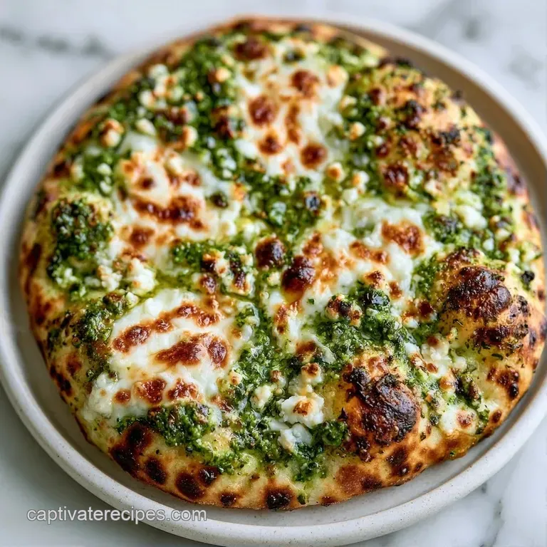 Thin slices of toasted crust with melted white cheese and vivid green pesto arranged on a minimal white plate