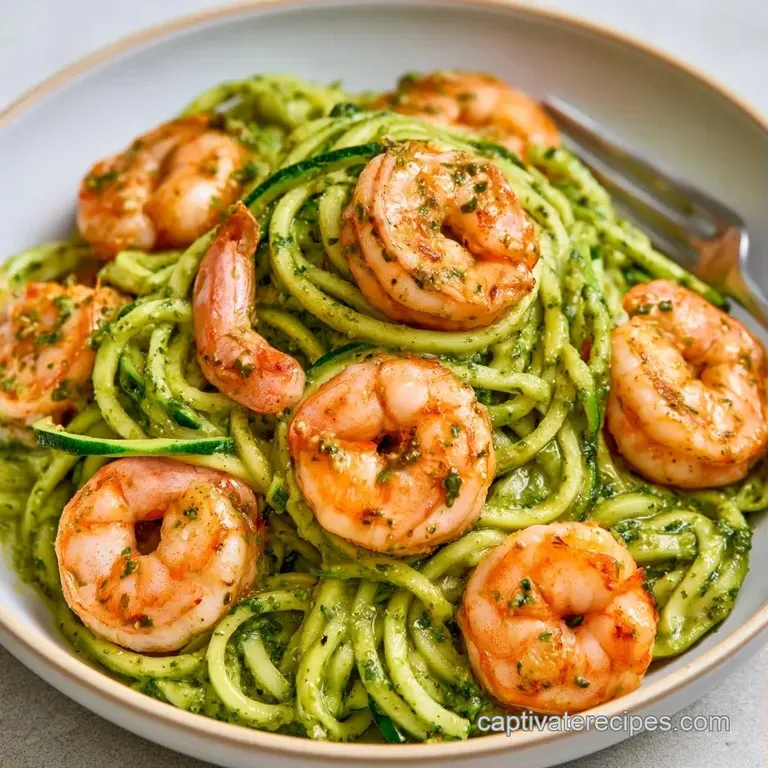Bright green spiralized vegetables and seared pink shrimp in a white bowl, topped with parmesan and red pepper flakes.