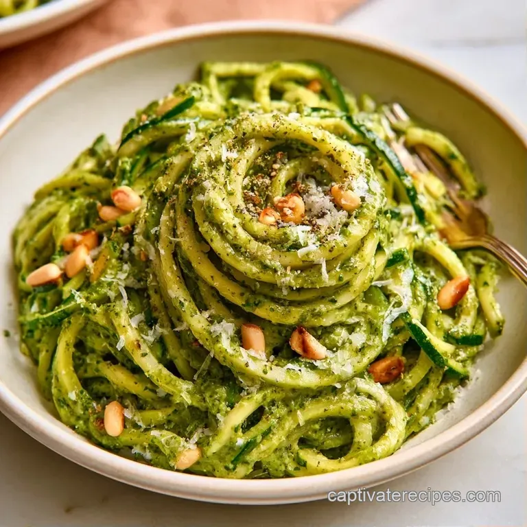 Twirled green zucchini noodles in a white ceramic bowl topped with juicy red tomatoes and shaved parmesan cheese