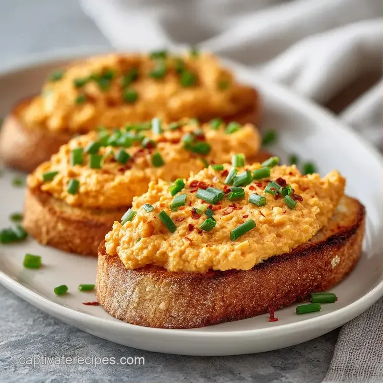 Neatly arranged toasted baguette slices topped with creamy orange cheese on a white ceramic platter with herbs.