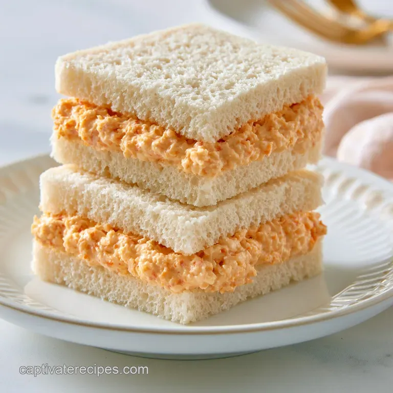 Neatly sliced crustless white bread triangles filled with bright orange cream, arranged on a white ceramic platter.