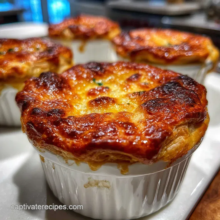 Individual pizza pot pie in a ramekin with golden, puffed crust, sitting next to a fork on a linen tablecloth.