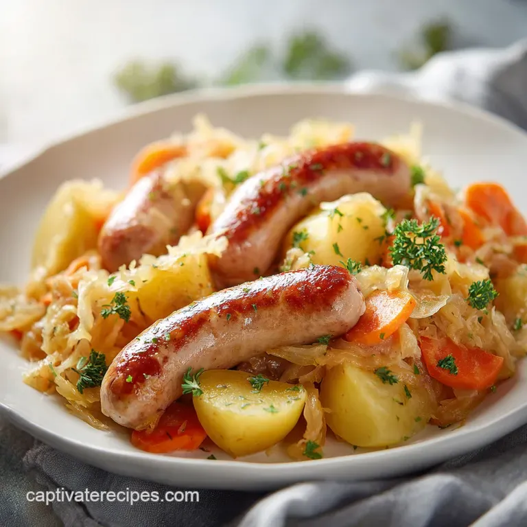 Hearty chunks of golden potato and sausage served artfully with bright sauerkraut on a white plate.