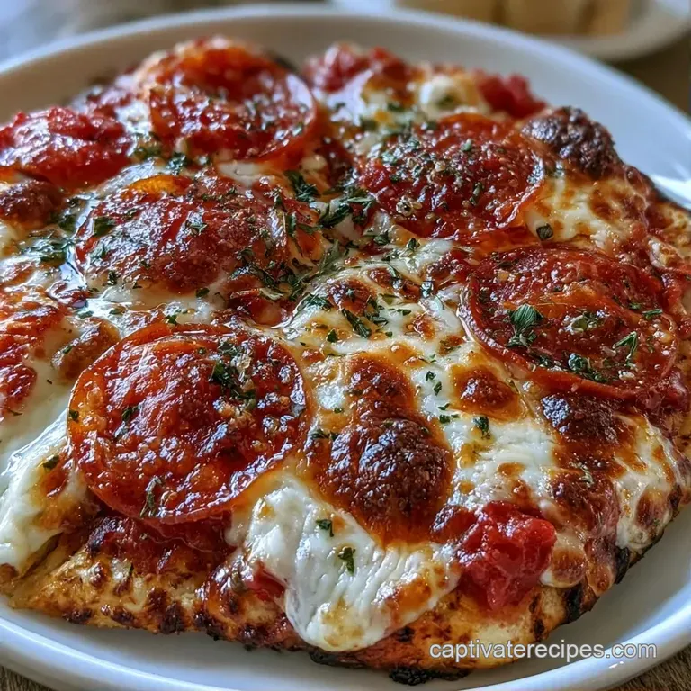 Sliced thin-crust pizza on a white marble slab with a side of fresh arugula and a drizzle of olive oil.