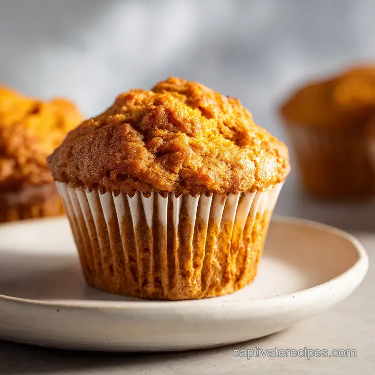 Two pumpkin cream cheese muffins displayed on a rustic wooden board. Swirl frosting detail, inviting autumn scene, warm li...