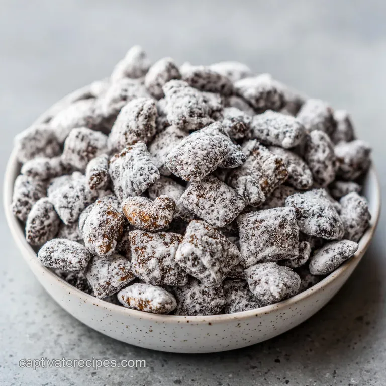 Puppy Chow snack mix in a rustic bowl, dusted in white powder, ready to eat. Crispy Chex cereal texture visible.