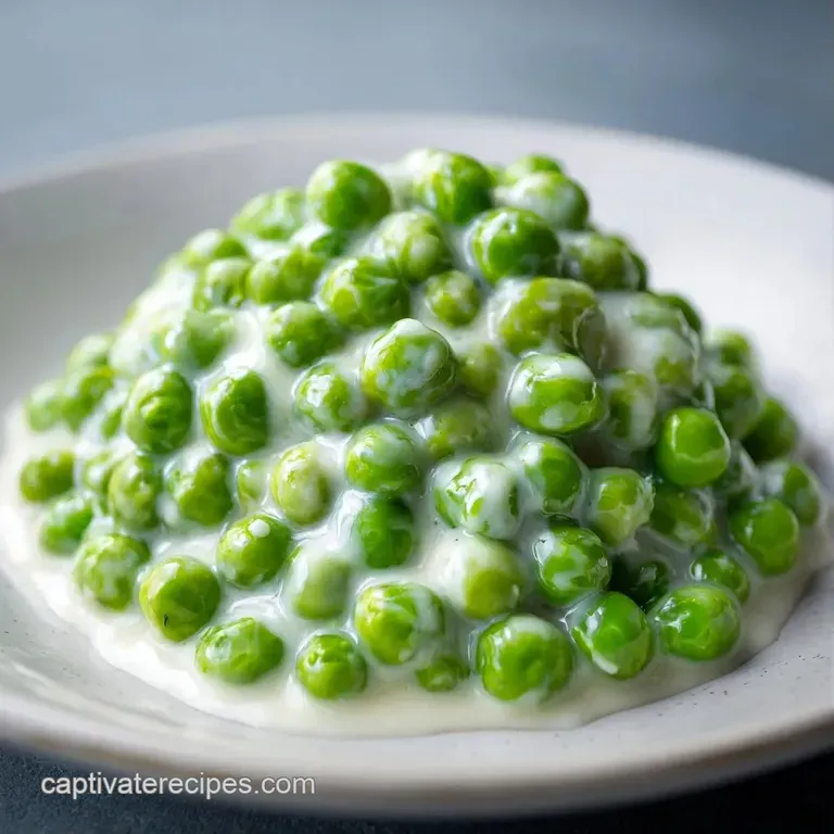 Bright green pea salad elegantly scooped into a glass bowl, finished with a swirl of cream and a sprig of fresh mint.