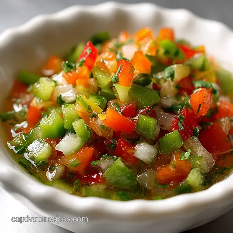 Close-up of a spoon lifting cool, fresh Pickle de Gallo. Finely diced red onion and jalapeno visible. Hints of cilantro.