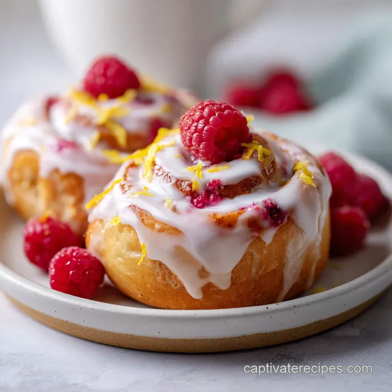 Elegant sweet roll with lemon glaze and bright raspberries, dusted with powdered sugar on a white plate.
