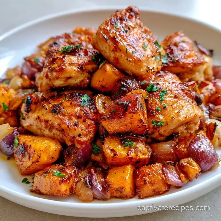 A plated piece of juicy roasted chicken beside tender orange squash cubes and saut&eacute;ed greens on a white ceramic plate