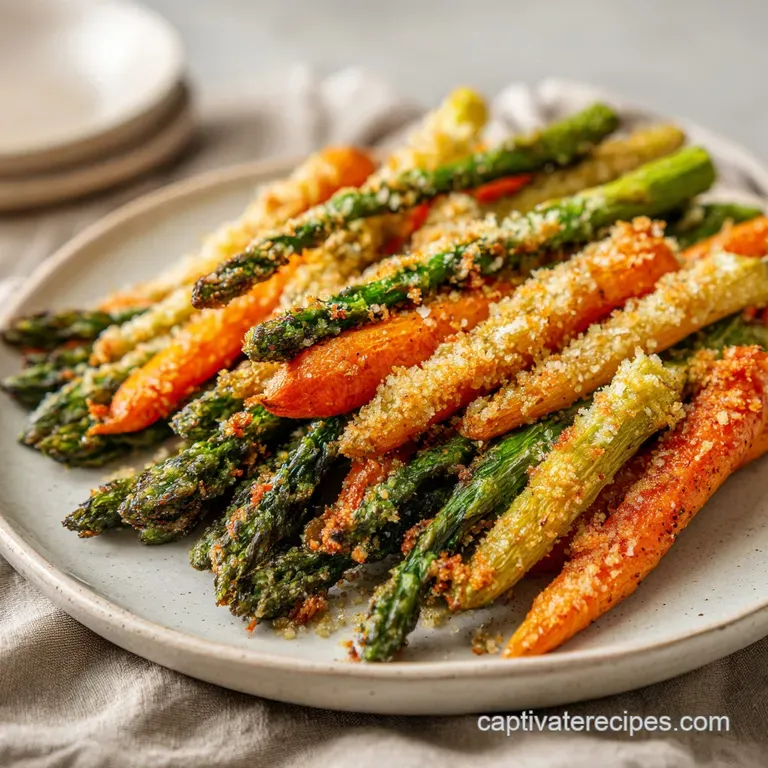 A colorful medley of roasted asparagus and carrots arranged artfully on a rustic wooden board, ready for serving.