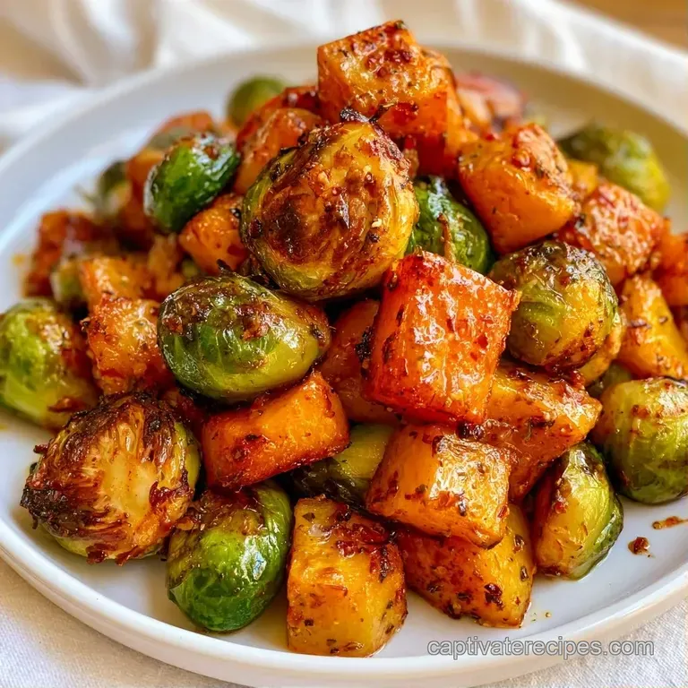 Vibrant orange squash and charred green sprouts artfully arranged on a matte plate with a glossy syrup drizzle.