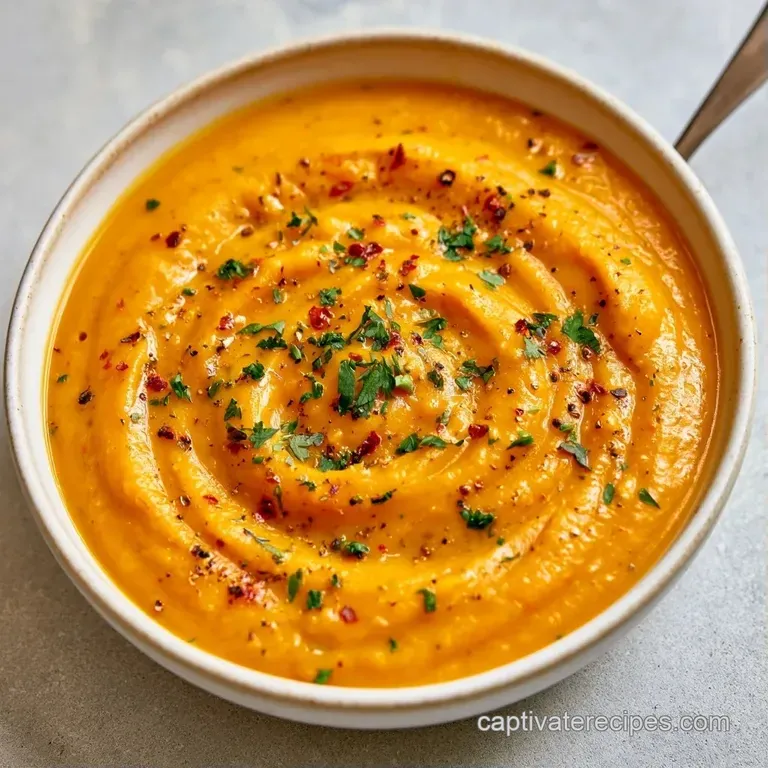 Velvety orange soup in a white porcelain bowl set on a linen cloth with a slice of crusty toasted sourdough.