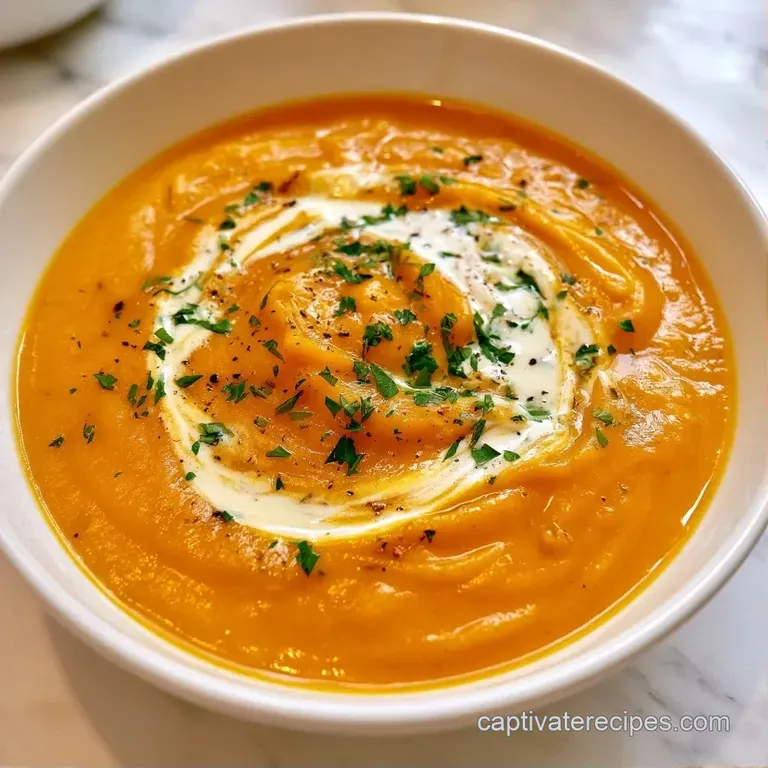 Vibrant orange puree in a white bowl, drizzled with coconut cream and garnished with microgreens and cracked pepper.
