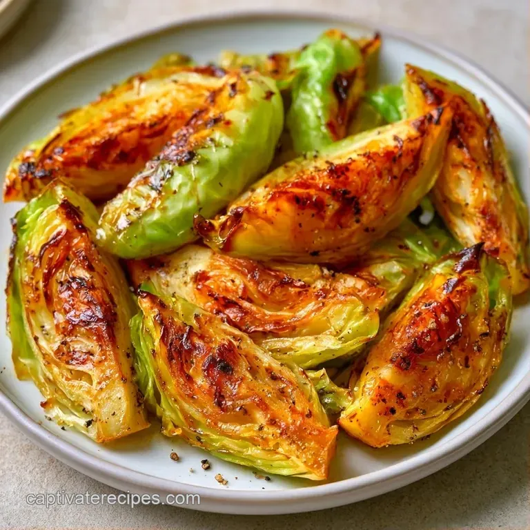 Charred cabbage steaks arranged on a white ceramic plate, drizzled with oil and topped with fresh parsley.