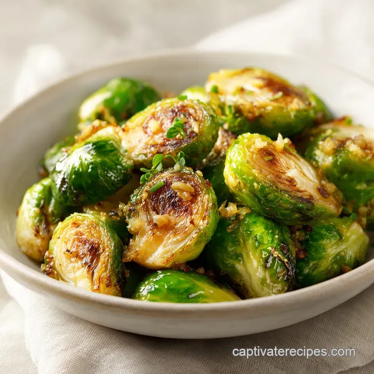 A neat pile of charred green sprouts in a white ceramic bowl, finished with flaky sea salt and a glossy oil drizzle.