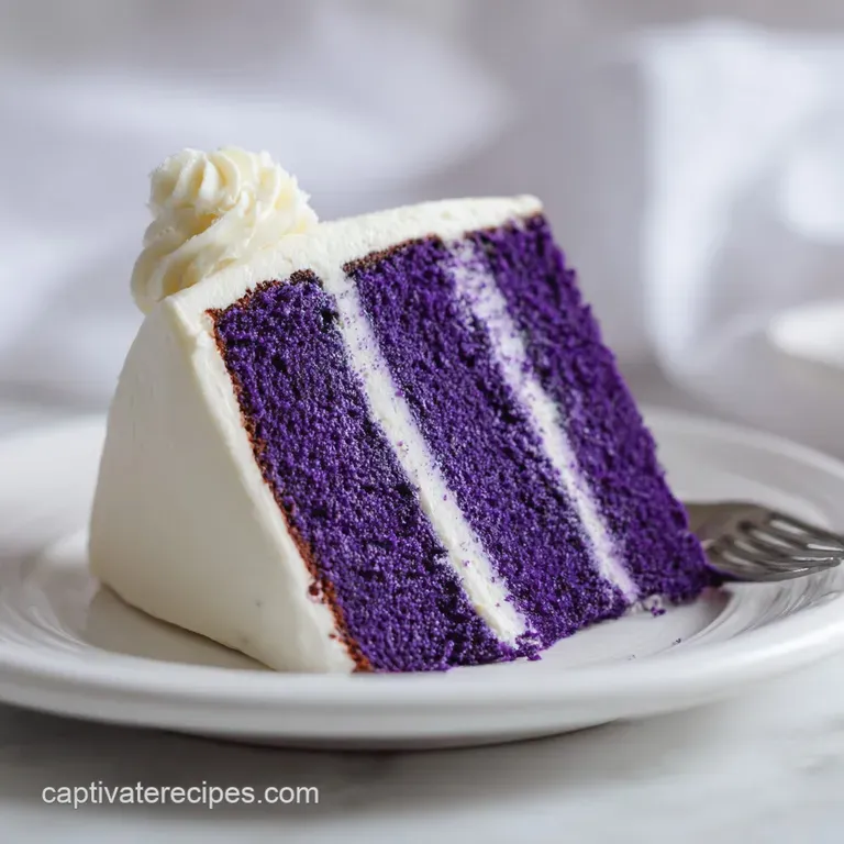 Slice of dark purple cake with white frosting, plated with fresh raspberry garnish and a dusting of powdered sugar.
