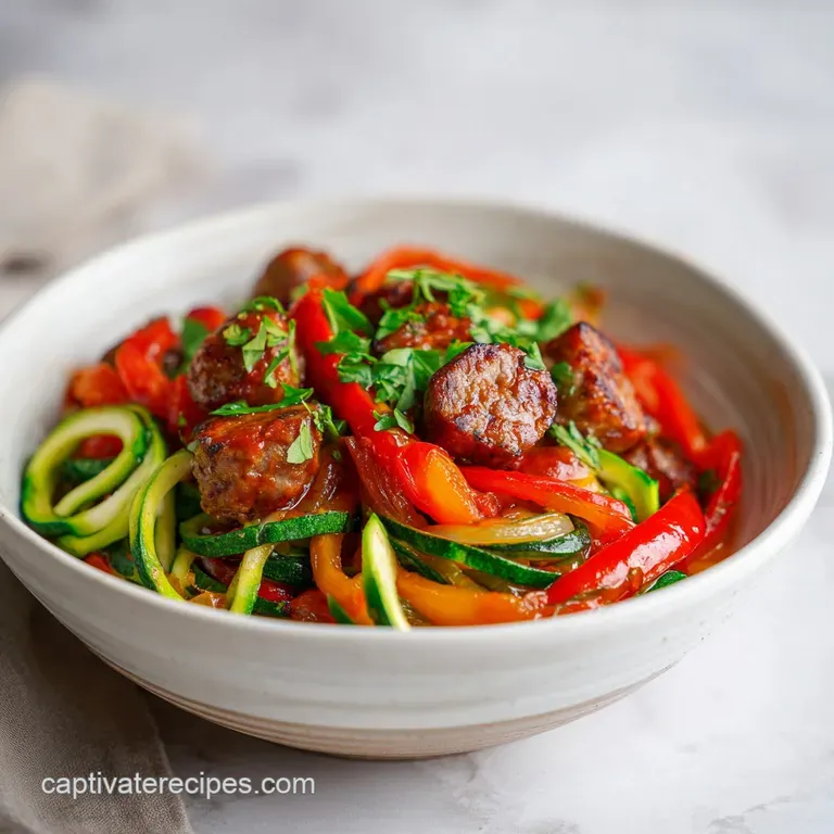 A colorful mound of saut&eacute;ed sausage, peppers, and zucchini noodles artfully arranged in a white bowl, sprinkled with herbs.