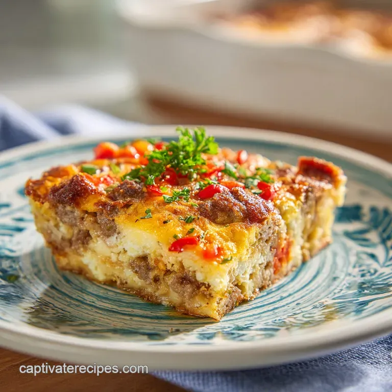 Slice of breakfast casserole on a plate: Fluffy egg, savory sausage, melted cheese, and colorful bell peppers.