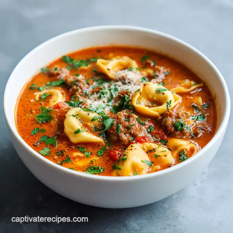 A rustic bowl filled with sausage and tortellini soup. Garnished with fresh parsley and a swirl of cream. Inviting and warm.