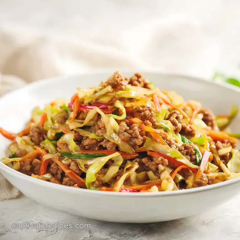 Saut&eacute;ed cabbage and carrots in a white ceramic bowl, garnished with sliced green onions and toasted sesame seeds.