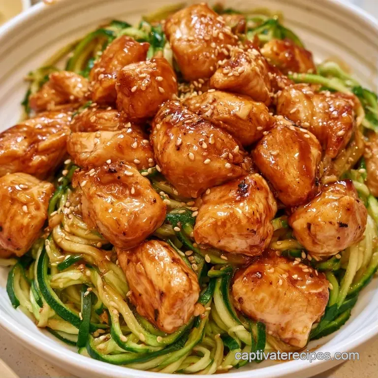 Glazed chicken and vibrant spiralized zucchini in a white ceramic bowl, garnished with sliced green onions.