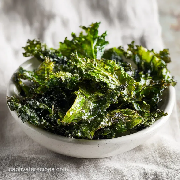 Delicate piles of emerald kale chips, perfectly baked to a light crisp, presented on a rustic platter.