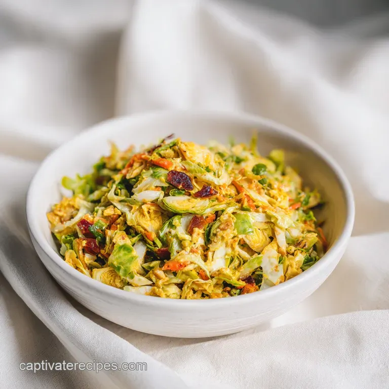 A colorful mound of shaved Brussels sprouts salad artfully arranged in a white ceramic bowl, glistening.