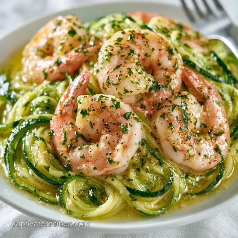 A white ceramic bowl filled with bright green spiralized zucchini and seared pink shrimp topped with fresh herbs.