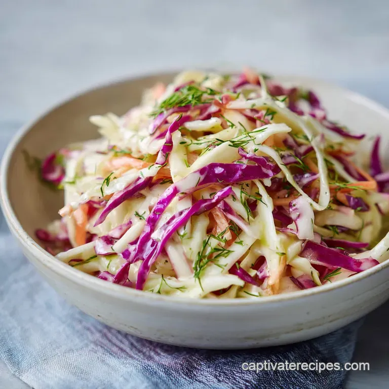 A scoop of bright coleslaw, glistening with dressing, sits next to grilled chicken, a refreshing contrast on a white plate.