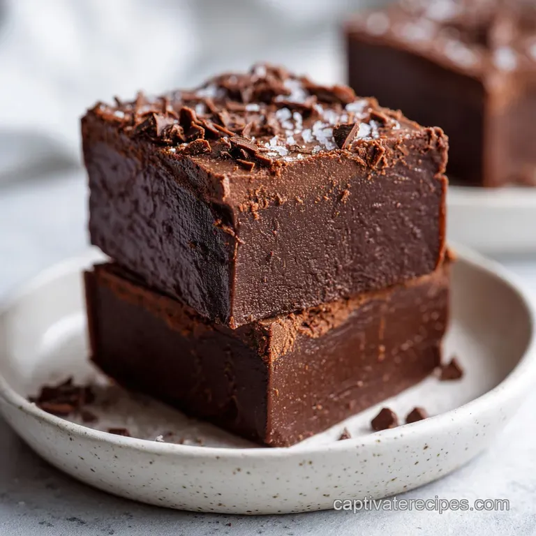 A slice of decadent fudge on a white plate, dusted with cocoa powder, alongside fresh raspberries and a sprig of mint.
