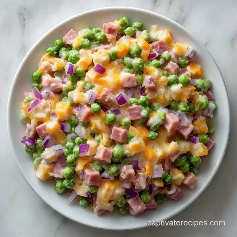 Vibrant green peas in a creamy dressing served in a chilled white bowl with a silver spoon on a marble surface