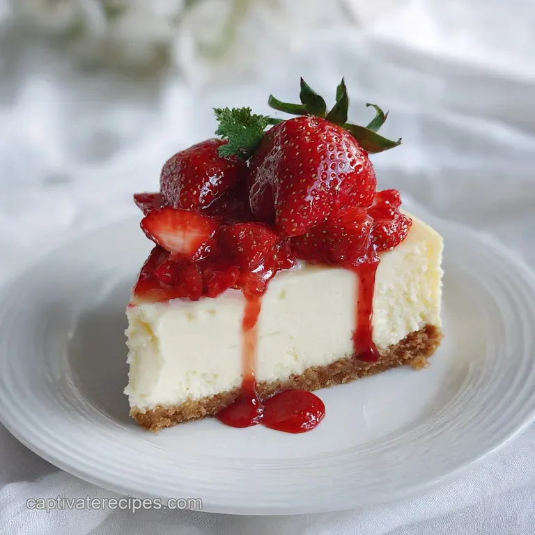 Slice of layered strawberry cheesecake with whipped cream and strawberry garnish on a white plate, highlighting smooth tex...