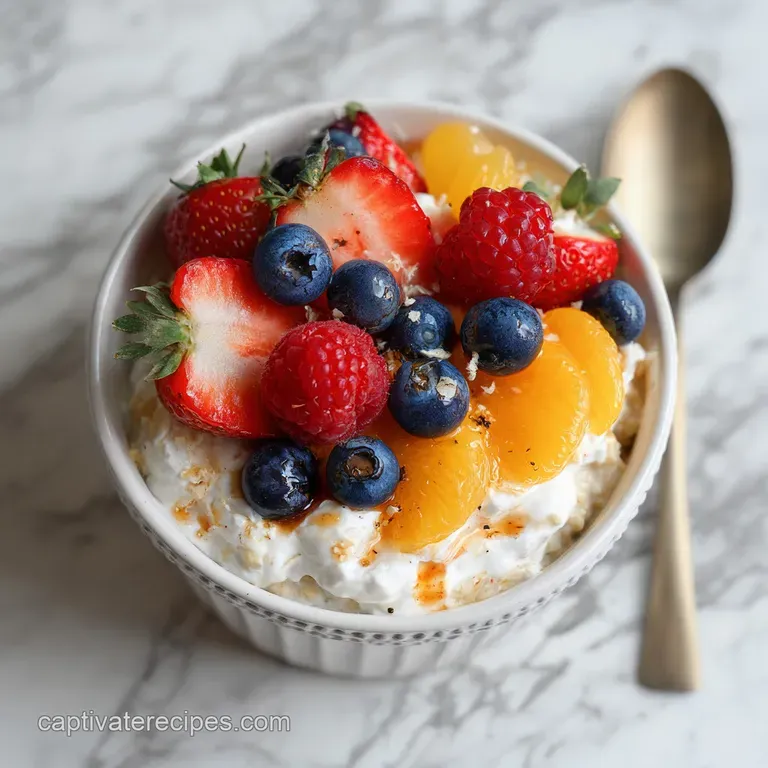 Layered parfait of overnight oats, vibrant mixed berries, and thick Greek yogurt in a clear glass showcasing textures.