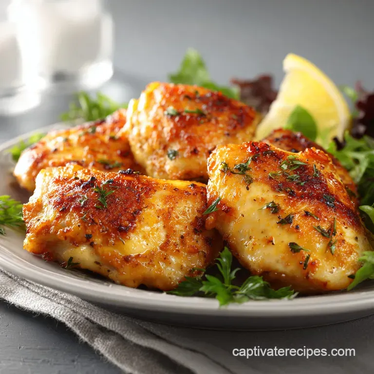 Plated chicken thigh with crispy skin, served over creamy polenta. Garnished with fresh thyme and a drizzle of pan sauce. ...