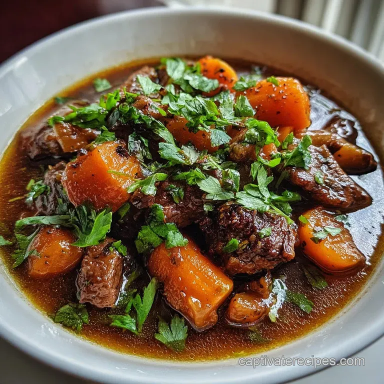 Elegantly plated beef stew with glistening broth, tender beef chunks, soft potatoes, and bright carrots topped with fresh ...