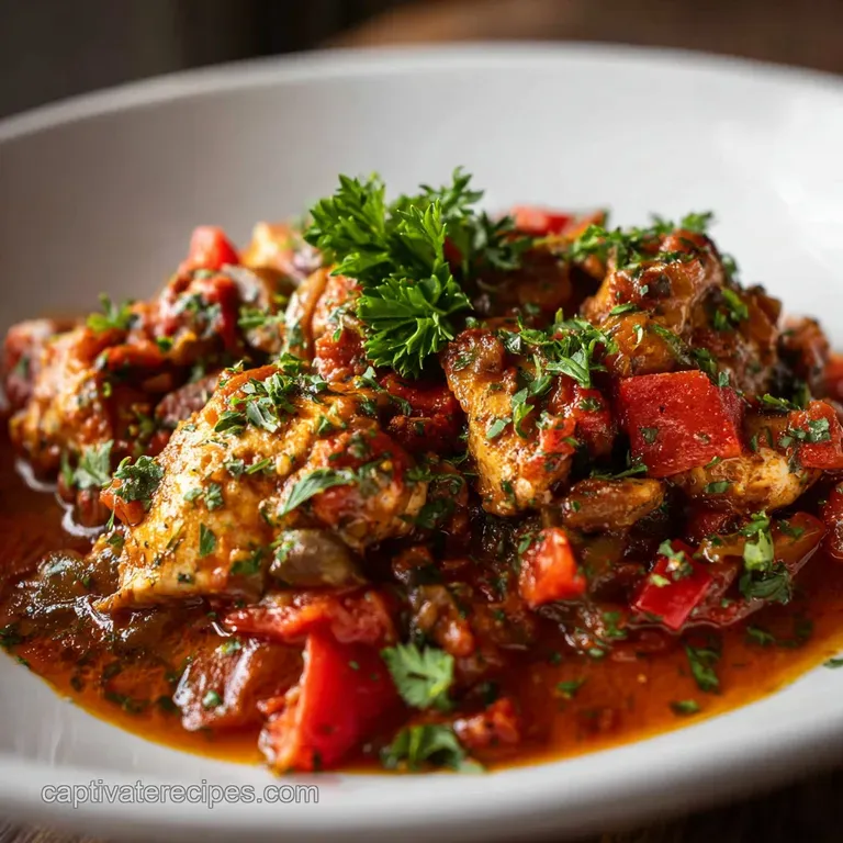 Elegant plated cacciatore: Chicken and vegetables glistening in a tomato sauce, garnished with fresh herbs, served on pasta.