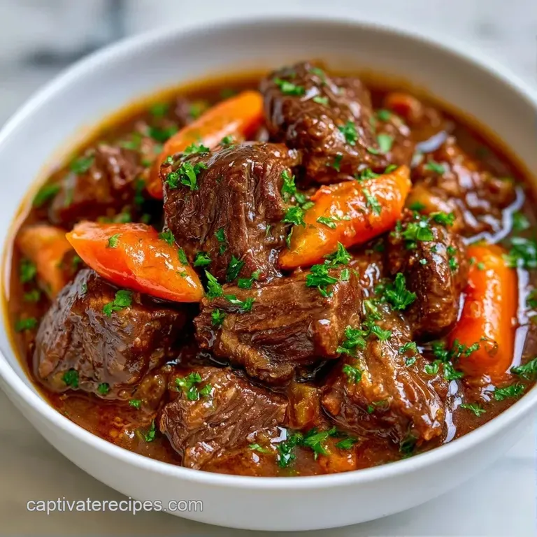 A deep ceramic bowl of thick brown stew topped with chopped parsley, served alongside a crusty piece of sourdough bread.