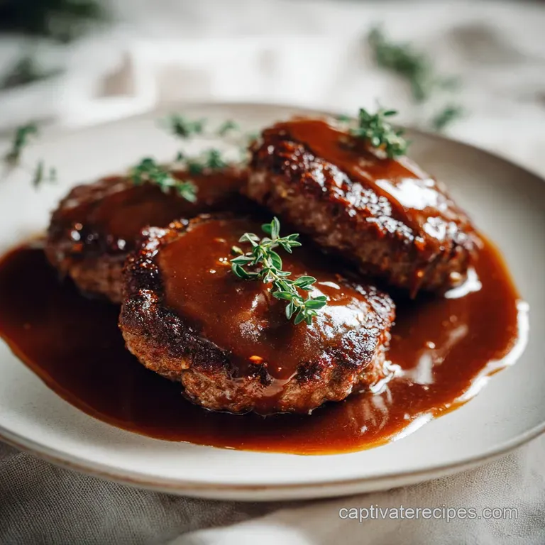 Seared meat patties on a bed of fluffy white mash, drizzled with a deep brown gravy and garnished with fresh herbs.