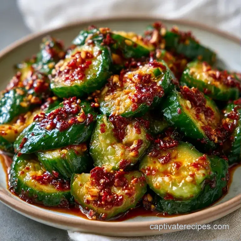 Irregularly cut green cucumber chunks drizzled with vibrant red oil, garnished with sliced scallions on a plate