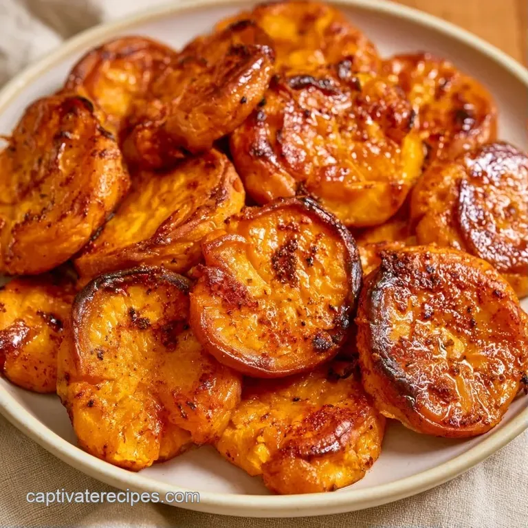 Vibrant orange potato rounds arranged on a white ceramic plate, garnished with micro-greens and flaky sea salt.