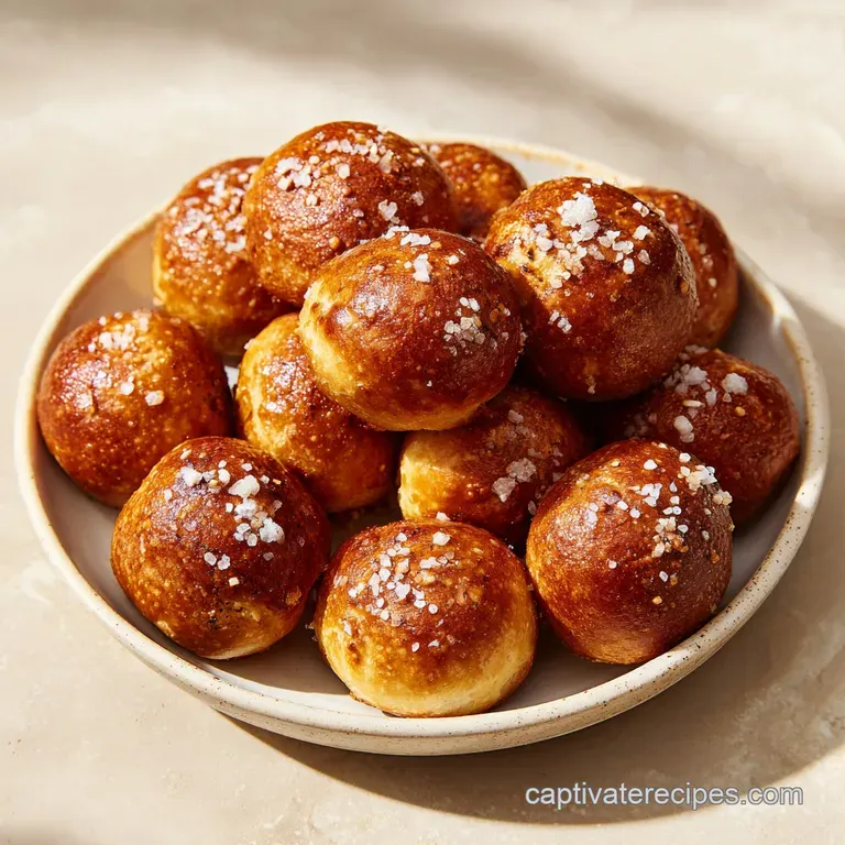 Glossy, soft pretzel bites arranged artfully in a white bowl, dusted with salt and served with a creamy dipping sauce.