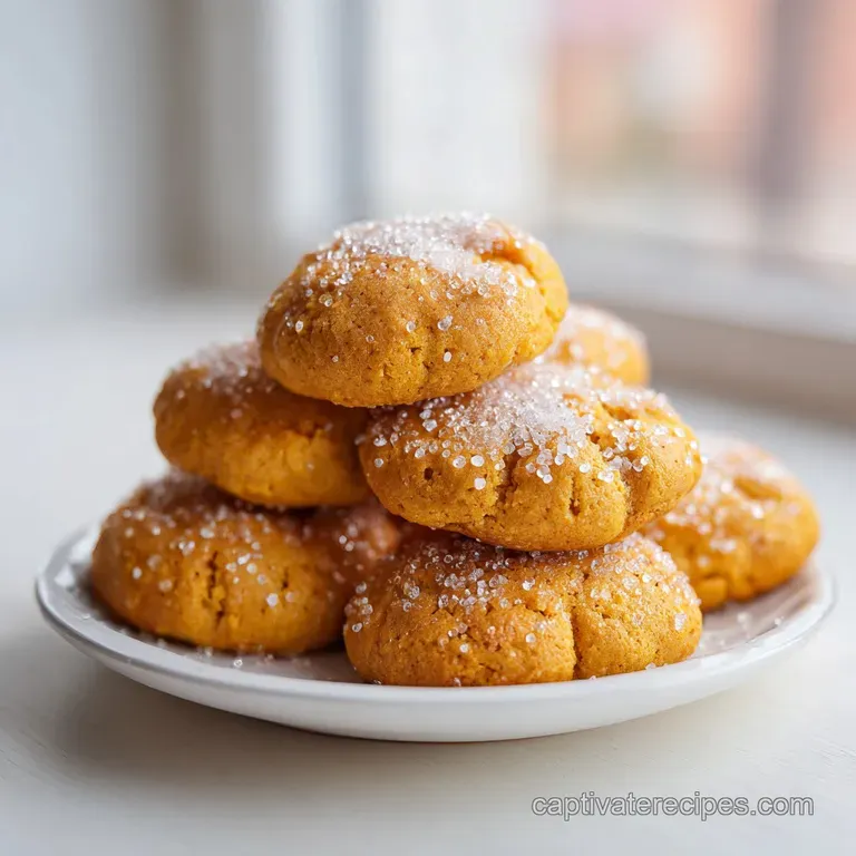 A neat stack of warm orange cookies on a white ceramic plate beside a cream linen napkin and a steaming latte.