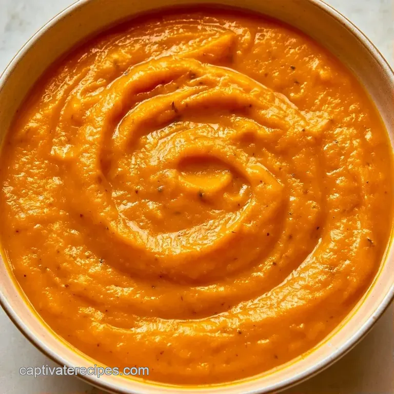 Vibrant orange puree in a white porcelain bowl with a sprig of fresh thyme and a drizzle of golden olive oil.