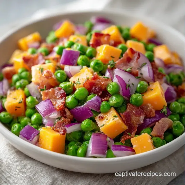Chilled green pea and orange cheddar cubes tossed in a creamy dressing, served in a frosted glass bowl on a linen cloth.