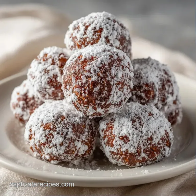Small chocolate spheres dusted with snow-white sugar arranged on a slate platter with a sprig of fresh mint.
